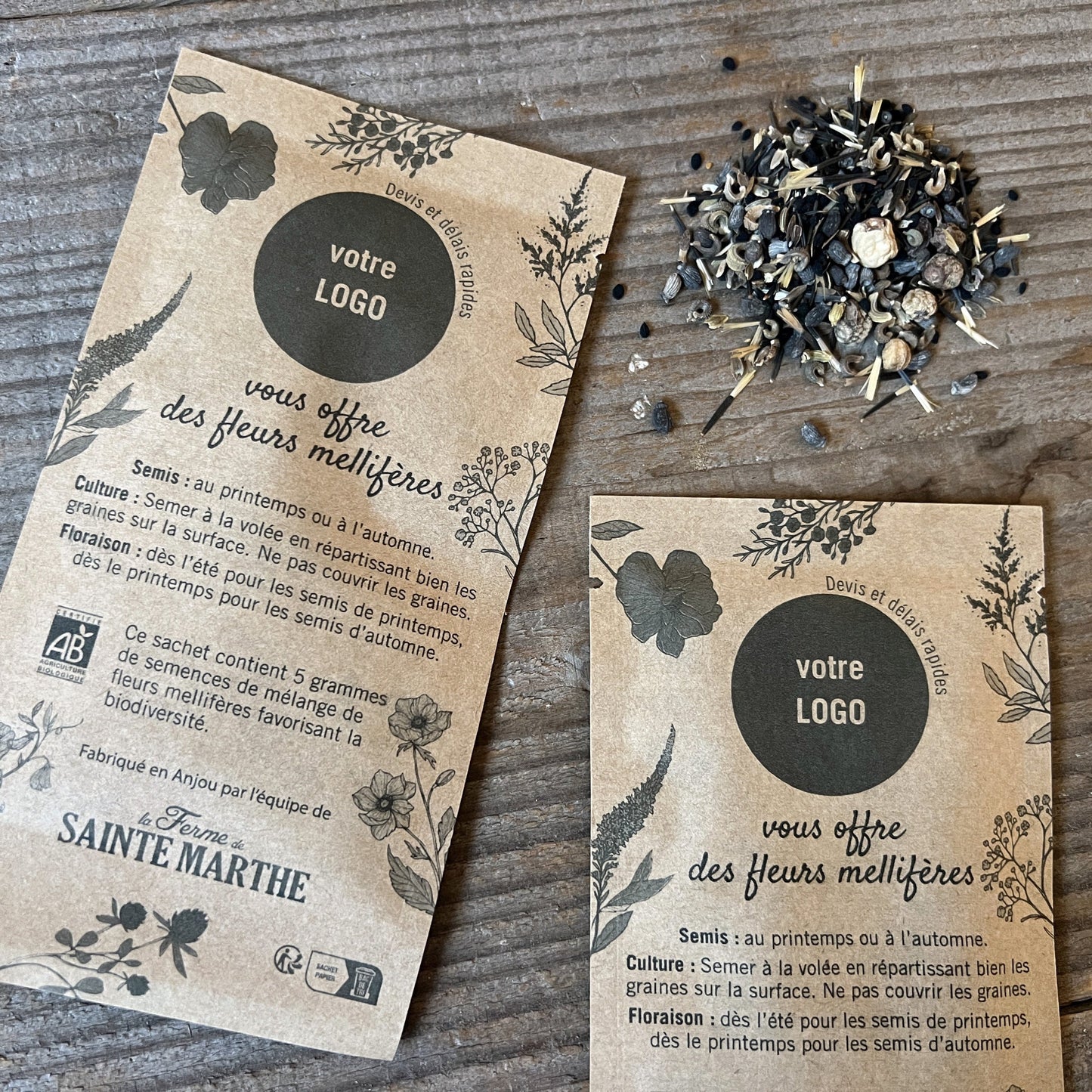 Sachet personnalisé de format 8 x 15,5cm en papier kraft recyclable et ouverture facile (Couleur)