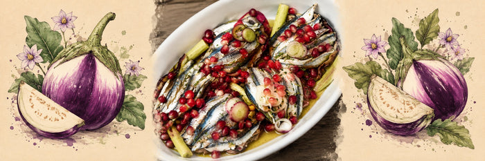 Aubergine ronde rayée, puis filets de sardines marinées aux graines de grenade, à servir avec les aubergines confites