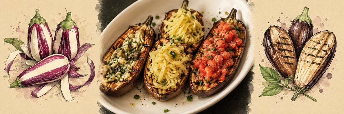 Aubergines rayées, puis demi-aubergines grillées et garnies, dans un plat blanc