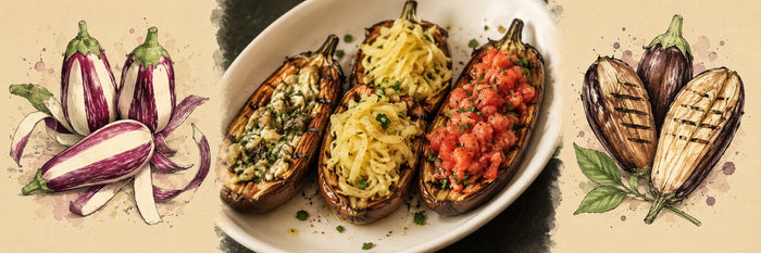 Aubergines rayées, puis demi-aubergines grillées et garnies, dans un plat blanc