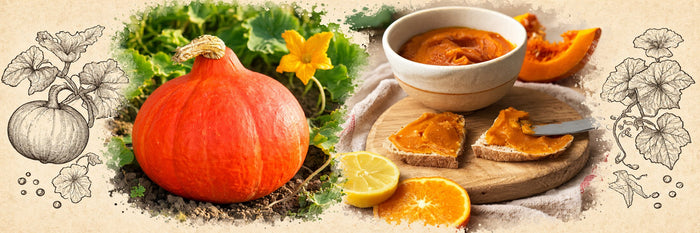 Potimarron orange dans son potager, puis beurre de potimarron tartiné sur du pain, avec citron et orange