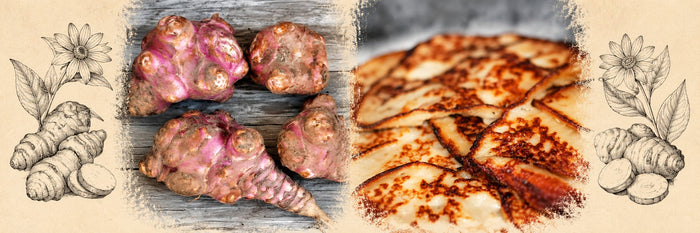 Topinambours rosés sur une planche, puis blinis de topinambours dorés à la poêle