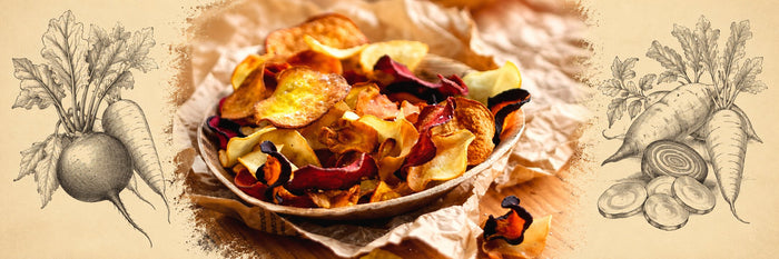 Chips de légumes oubliés, carottes, betteraves et panais, dans un bol