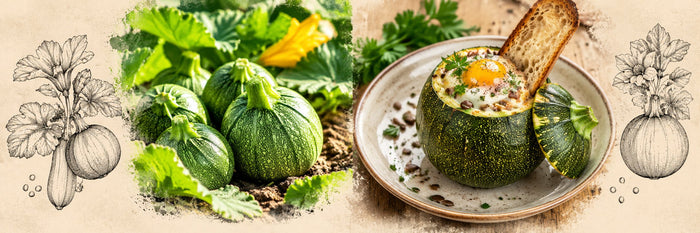 Courgettes rondes, puis courgette ronde farcie d'un œuf en cocotte