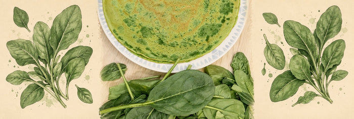 Crêpe verte aux épinards sur une assiette, posée sur des feuilles d'épinards frais