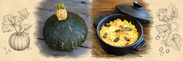 Potiron vert, puis crumble de potiron dans sa cocotte noire, parsemé de graines de courge