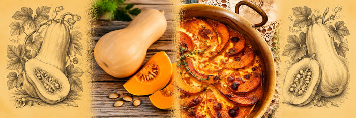 Courge butternut et quartiers de potiron, puis butternut gratinée dans un plat en cuivre, au thym