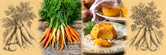 Carottes de couleur en botte, puis flan de carotte à l'orange démsoulé sur une assiette