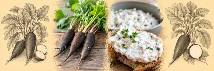 Radis noirs avec leurs fanes, puis fromage blanc au radis noir sur une tartine, avec des pousses