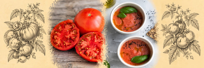 Tomates côtelées coupées, puis gaspacho de tomates au basilic et à la nigelle dans deux bols blancs