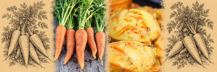 Carottes fraîches avec leurs fanes, puis gâteaux à la carotte et aux noix de pécan dorés