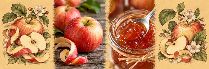 Pommes rouges et ruban d'épluchure, puis gelée de pommes dans son bocal ficelé de raphia