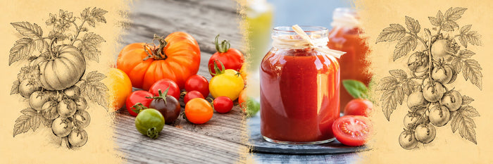 Tomates anciennes de toutes les couleurs, puis ketchup multicolore maison dans un bocal ficelé de raphia