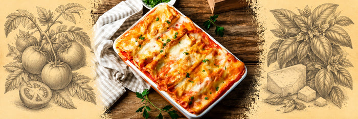 Lasagnes aux légumes d'automne gratinées au fromage, dans un plat blanc sur une table en bois