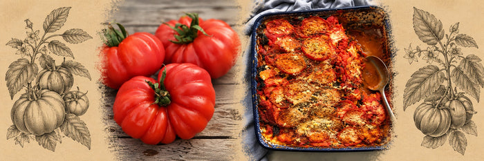 Tomates côtelées, puis lasagnes aux légumes d'été aux tranches de tomate, dans un plat bleu