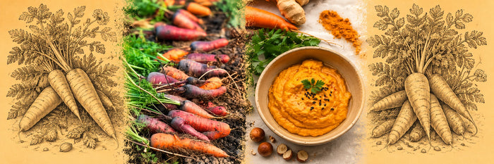 Carottes de couleur au potager, puis mousseline de carottes au curcuma et au gingembre, avec des noisettes