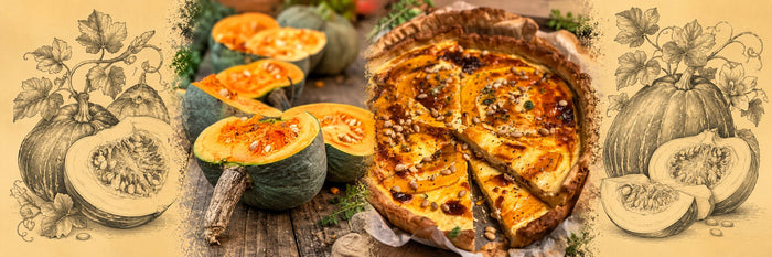 Potirons bleu de Hongrie coupés, puis quiche au potiron parsemée de graines
