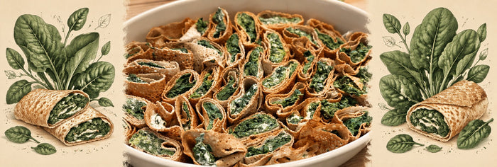 Roulés de galettes de sarrasin aux épinards gratinés dans un plat blanc