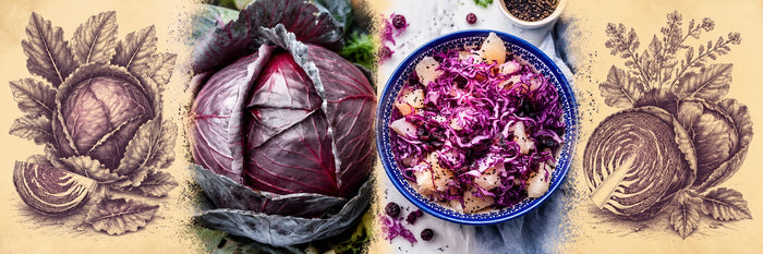 Chou rouge pommé, puis salade de chou rouge et de pomelo dans un bol bleu, aux graines de nigelle