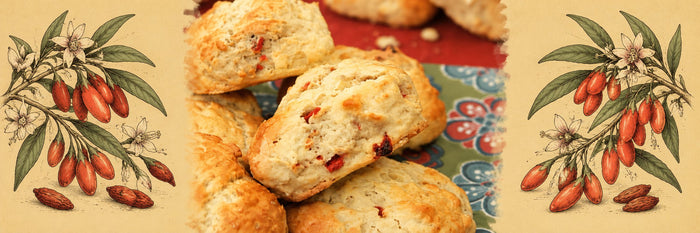 Scones dorés au citron et aux baies de goji sur un tissu fleuri