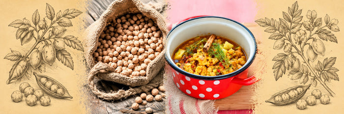 Sac de pois chiches, puis tagine vegan aux pois chiches et à la cannelle dans une casserole émaillée rouge