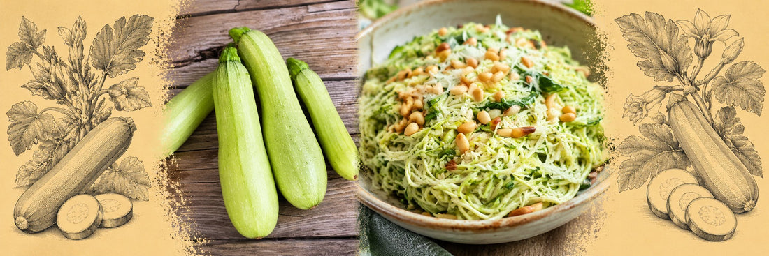 Courgettes vert clair, puis courgette râpée au pistou, aux pignons et au parmesan