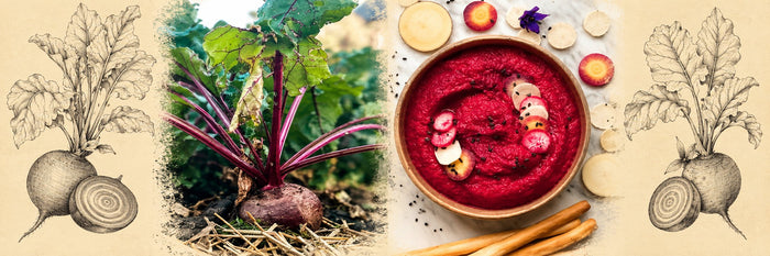 Betterave au potager, puis tartinade de betteraves rouges, avec rondelles de légumes et gressins