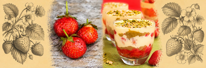 Fraises fraîches, puis tiramisu fraise rhubarbe en verrines, parsemé de pistaches
