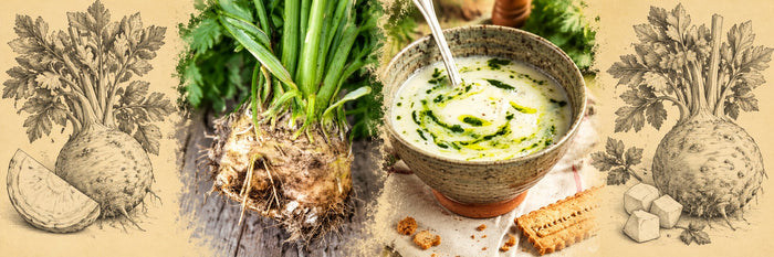 Céleri-rave avec ses tiges, puis velouté de céleri-rave au pesto de fanes, avec un biscuit au parmesan