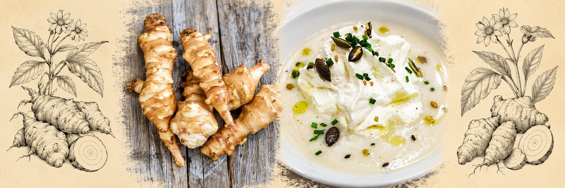 Topinambours Fuseau, puis velouté de topinambours coiffé d'une mousse au tandoori, avec graines de courge et ciboulette