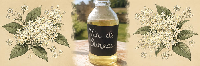 Bouteille de vin de sureau maison à l'étiquette d'ardoise, posée sur une table de jardin