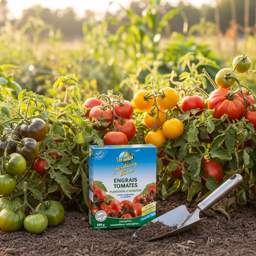 Engrais tomates 800g CP Jardin utilisé dans un potager bio avec plants de tomates anciennes colorées - variétés heirloom rouge, pourpre et jaune